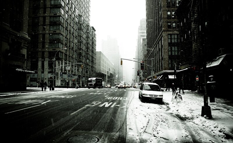 snowy city street in winter