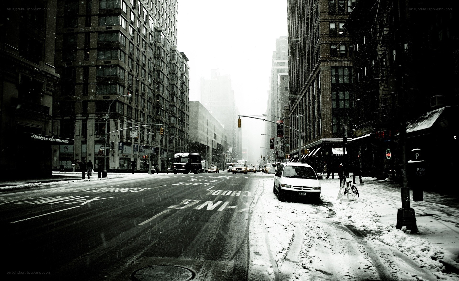 snowy city street in winter