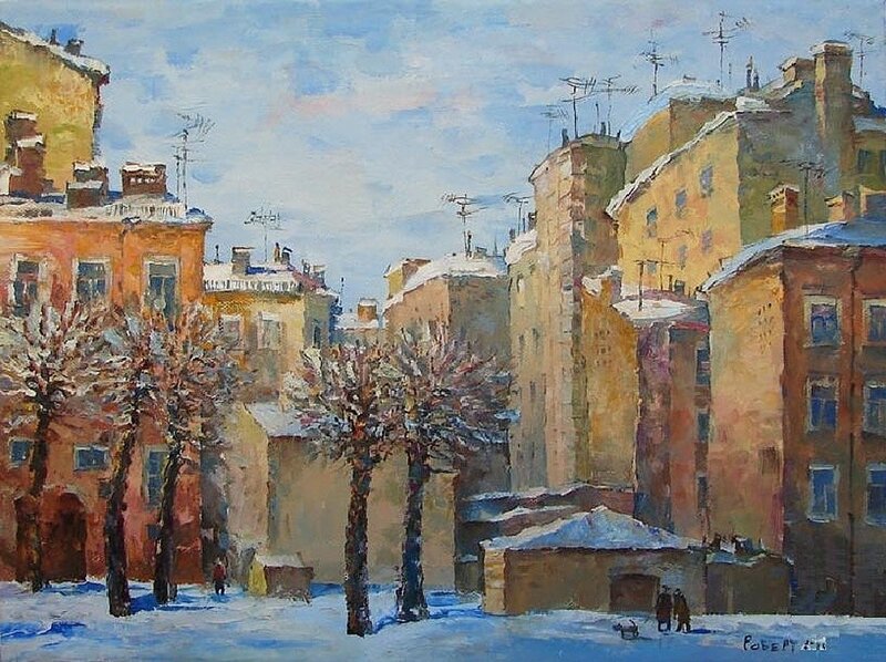 Snowy city street scene