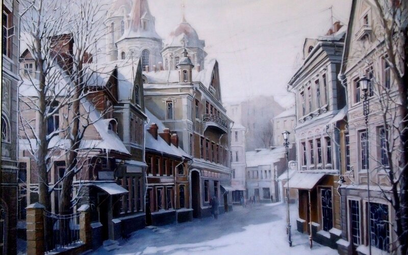 Snowy city street scene