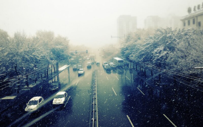 Snowy city street scene