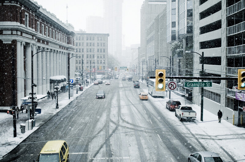 Snowy city street scene