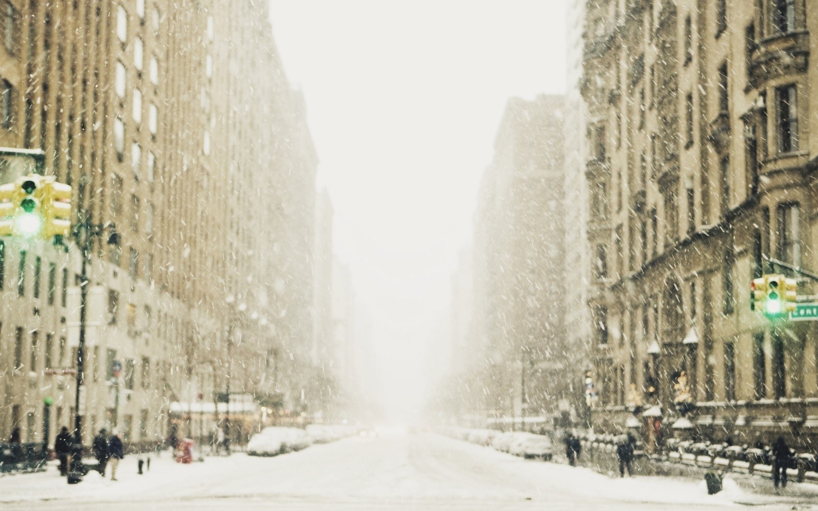 Snowy city street scene