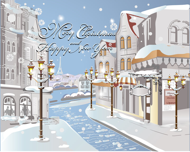 Snowy City Street — White, Festive