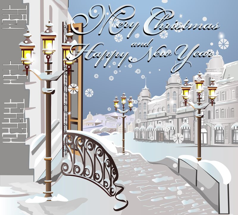 Snowy City Street — White, Festive, Winter