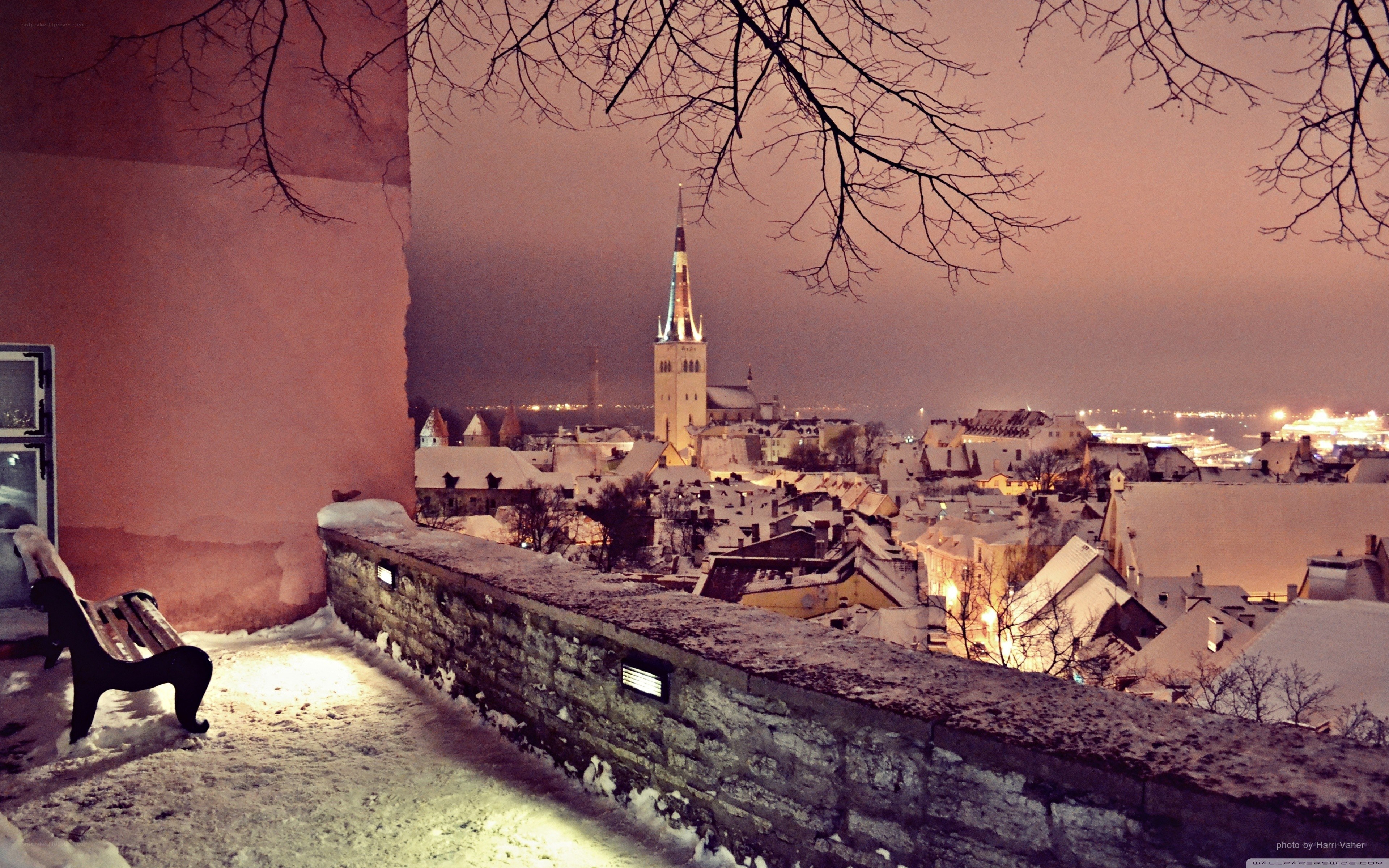 Snowy city view at night
