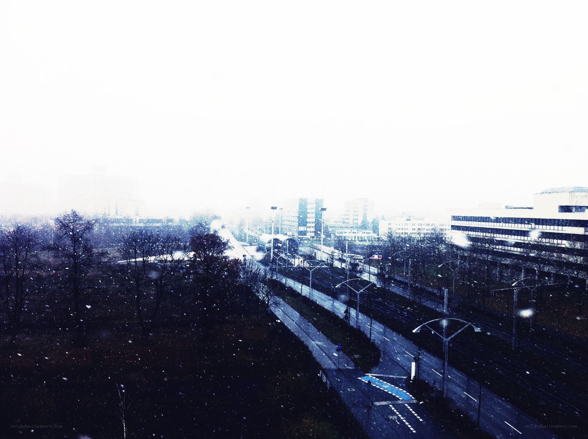 Snowy city view from above