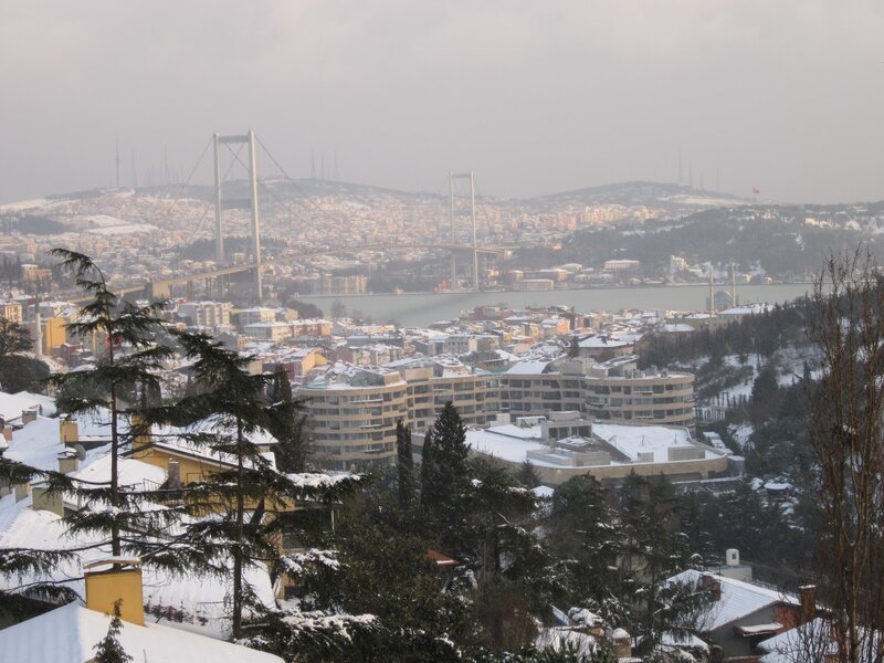 snowy city with bridge view