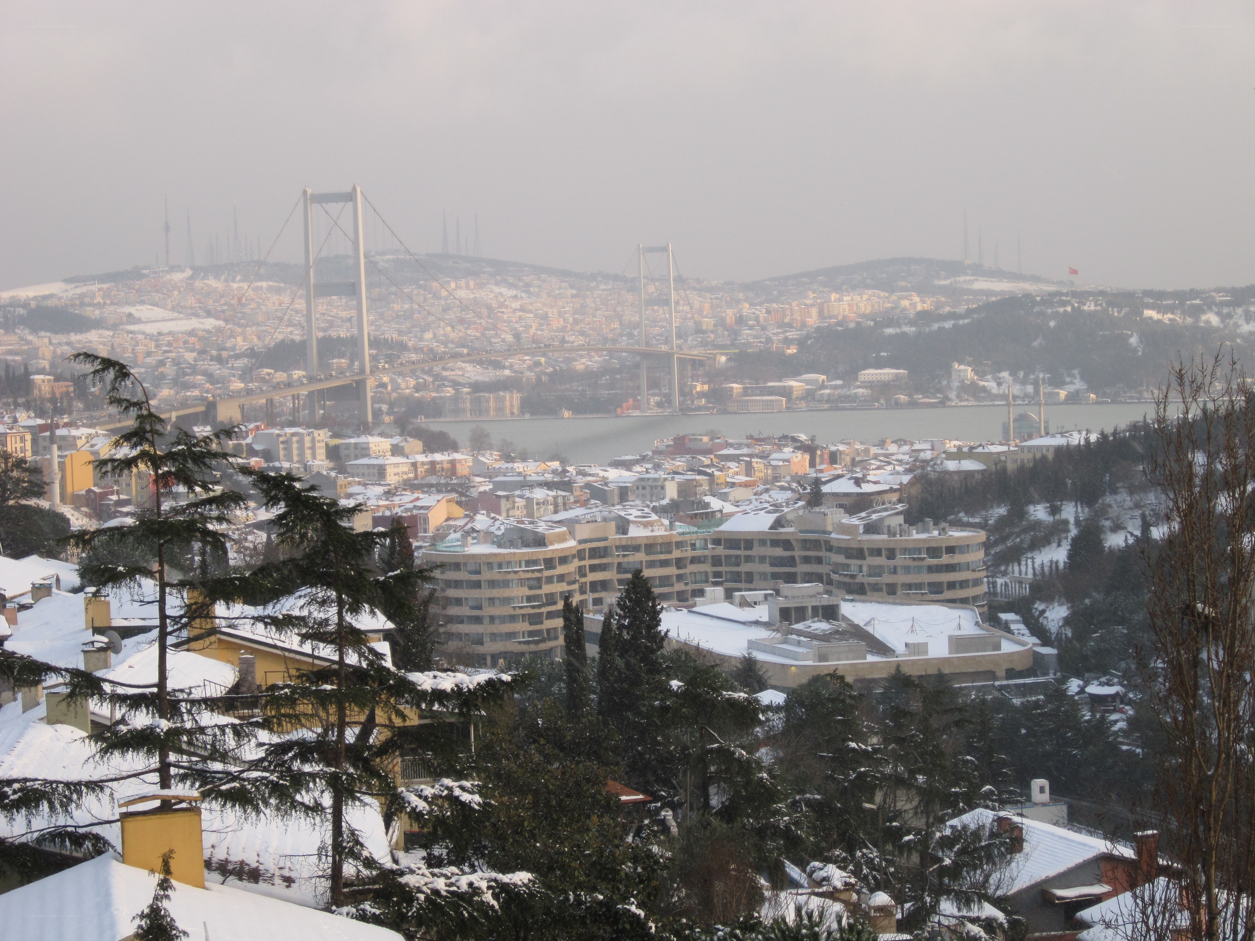 snowy city with bridge view