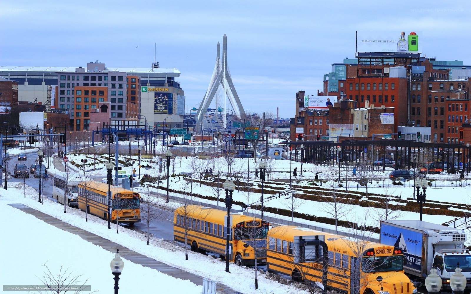 Snowy city with school buses