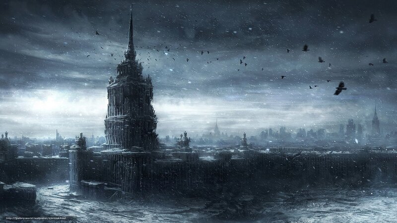 snowy city with spire