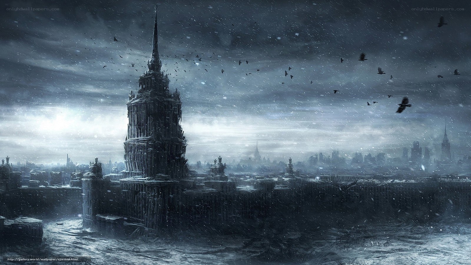 snowy city with spire