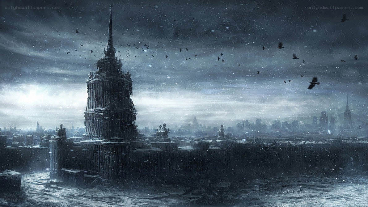 snowy city with tower