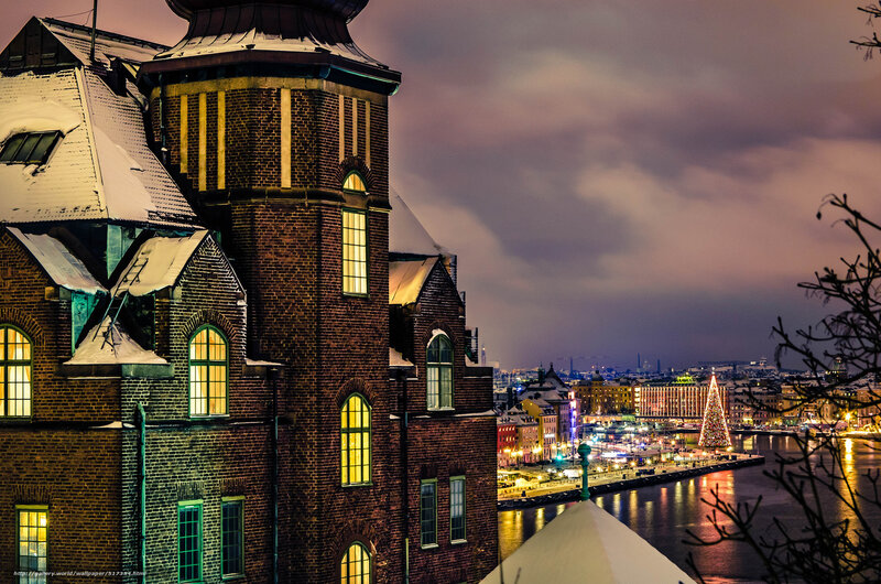 Snowy cityscape at dusk