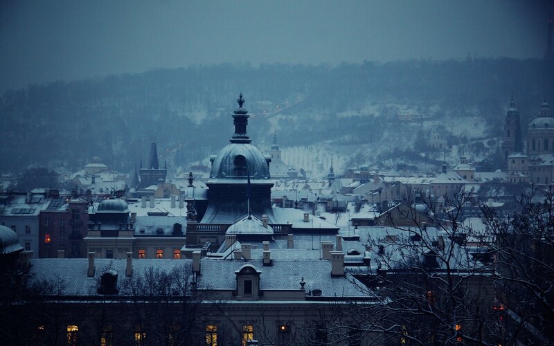 snowy cityscape at dusk