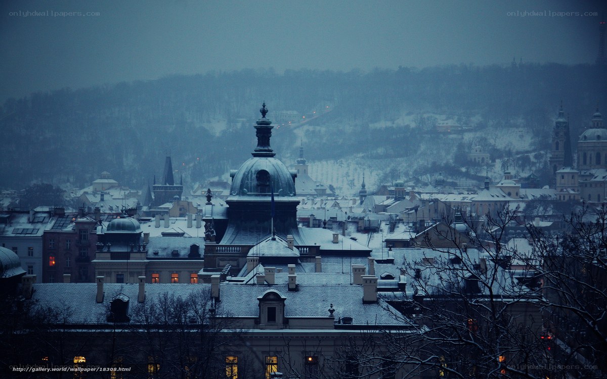 Snowy cityscape at dusk