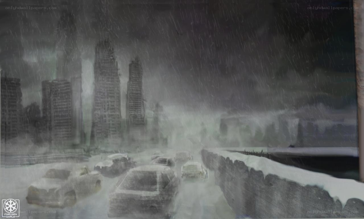 snowy cityscape at night