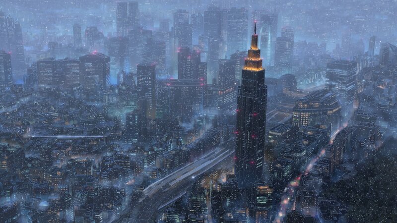 Snowy Cityscape at Night — Blue, Atmospheric