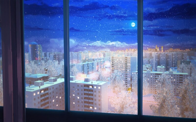 Snowy Cityscape at Night — Blue, Serene