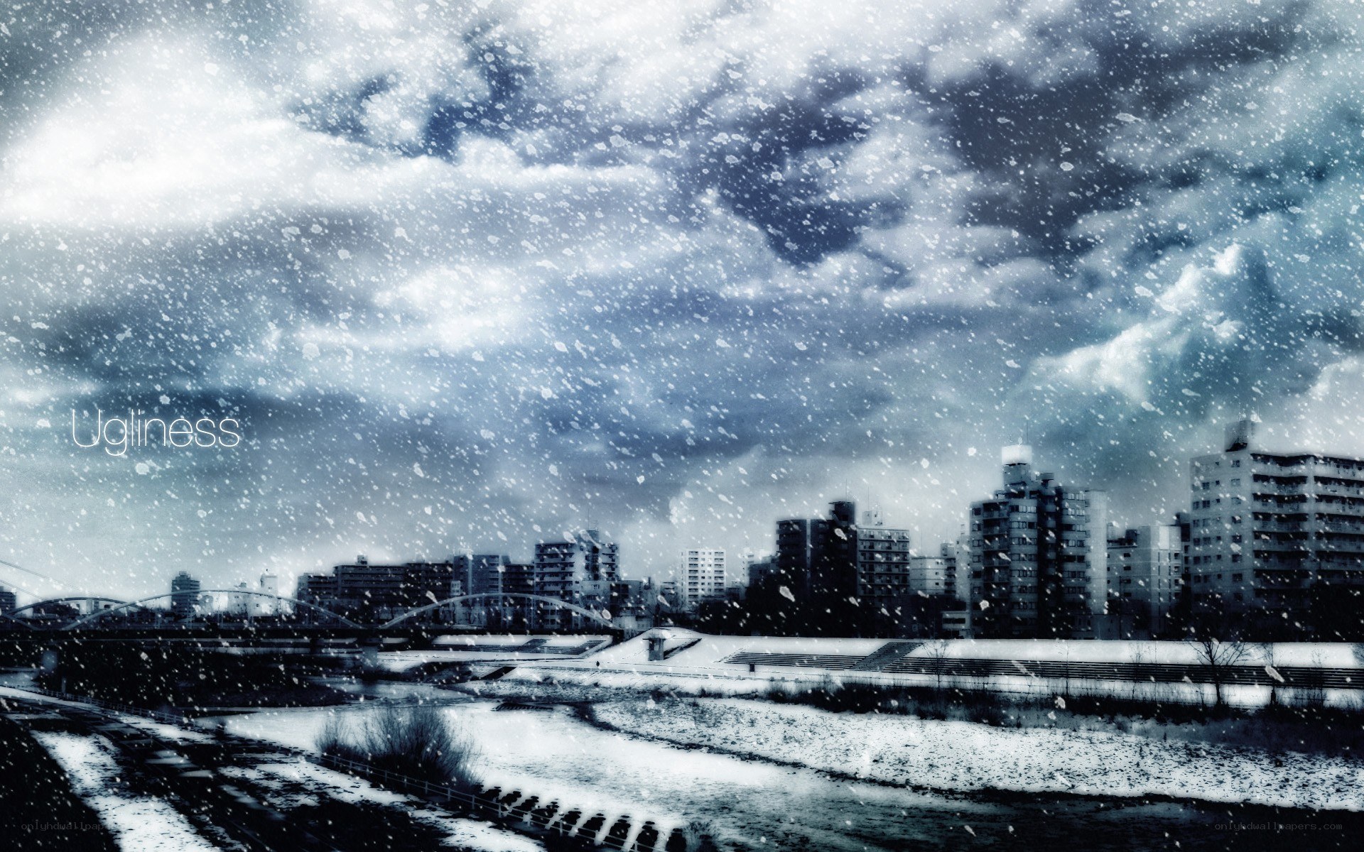 Snowy cityscape with falling snow
