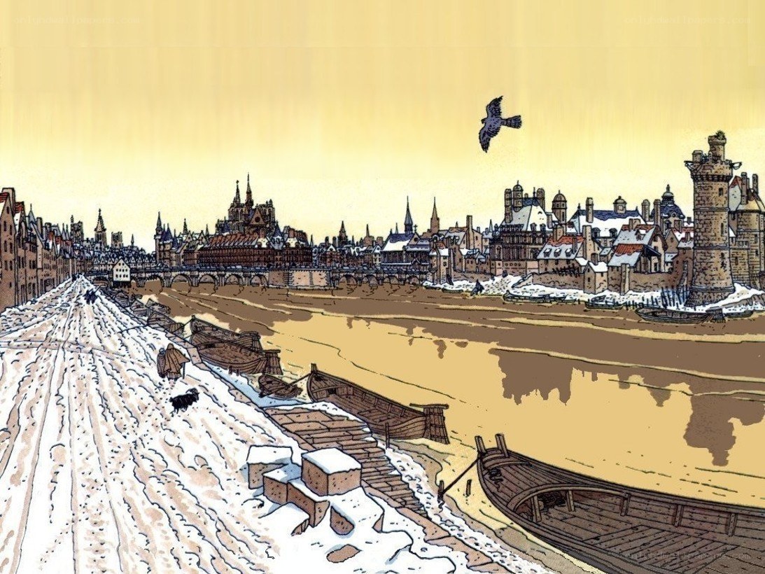 Snowy cityscape with river