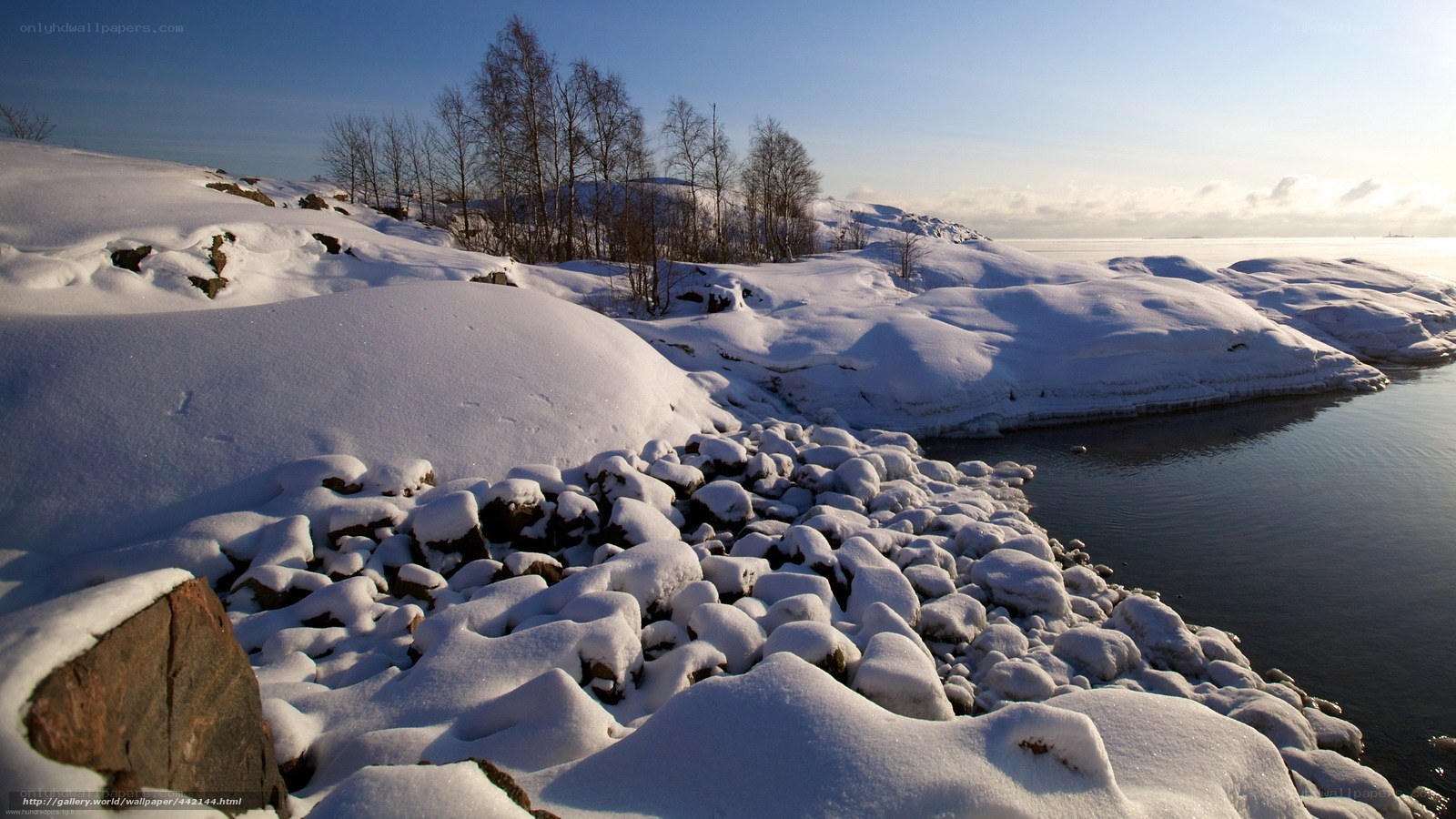 Snowy coastal landscape