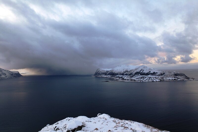 Snowy coastal landscape