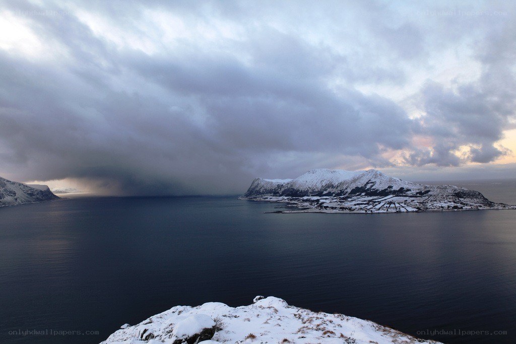 Snowy coastal landscape