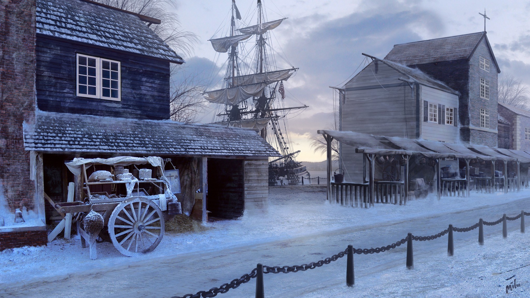 Snowy colonial port scene