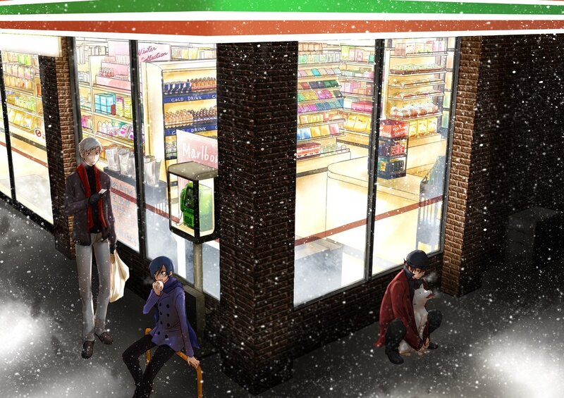 Snowy convenience store scene