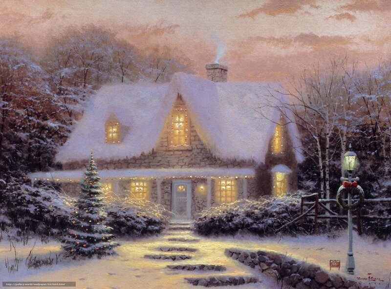 Snowy Cottage at Dusk — White