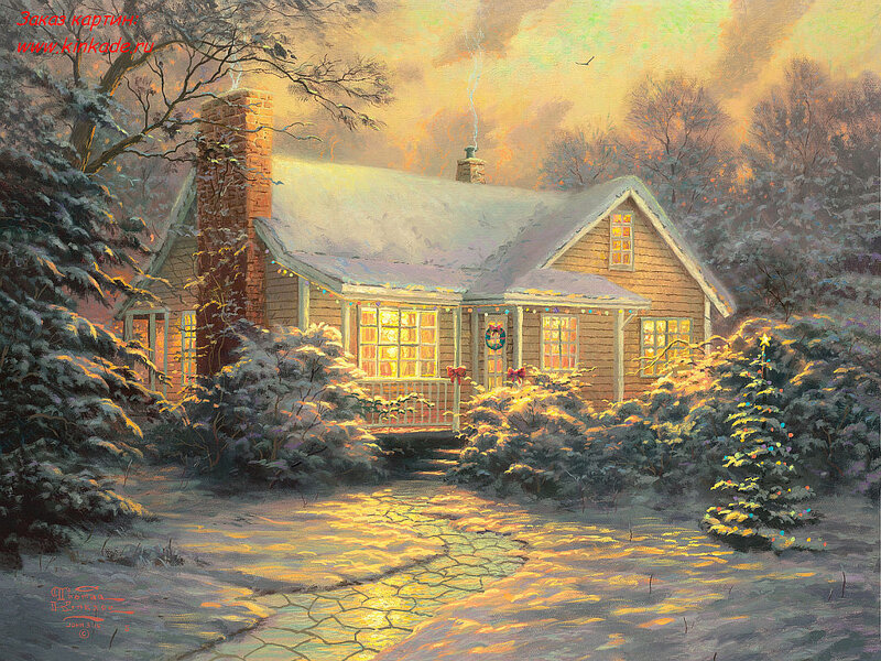 Snowy Cottage at Dusk — Yellow, Cozy