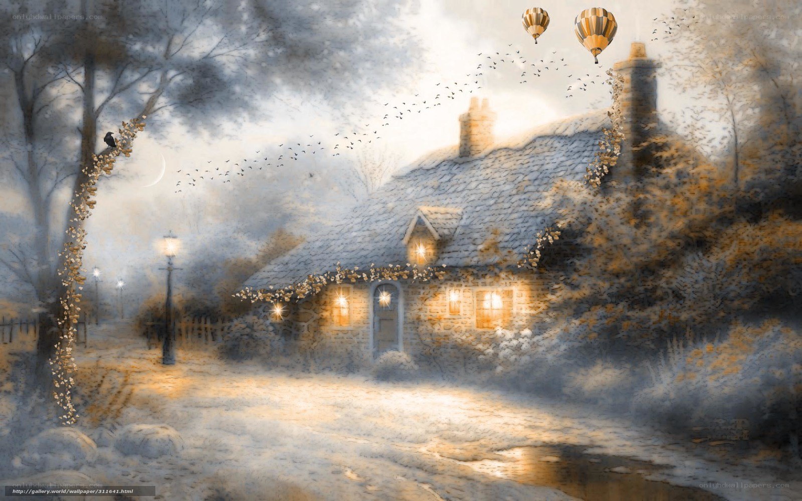 Snowy cottage at dusk