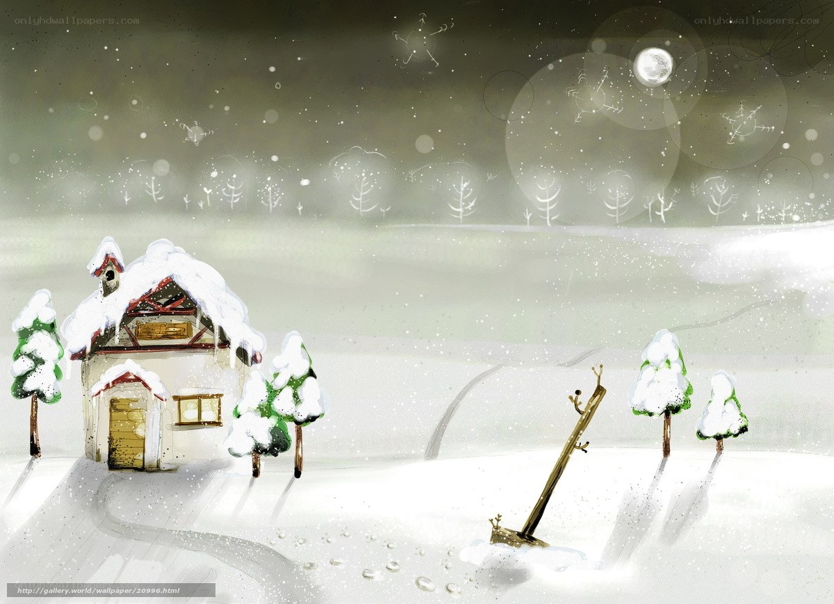Snowy cottage at night