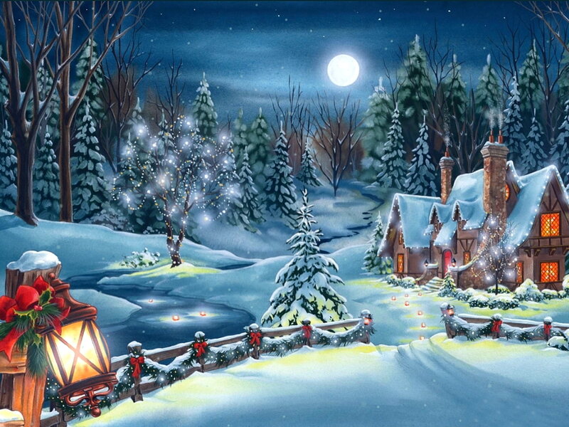 Snowy Cottage at Night — Blue, Peaceful