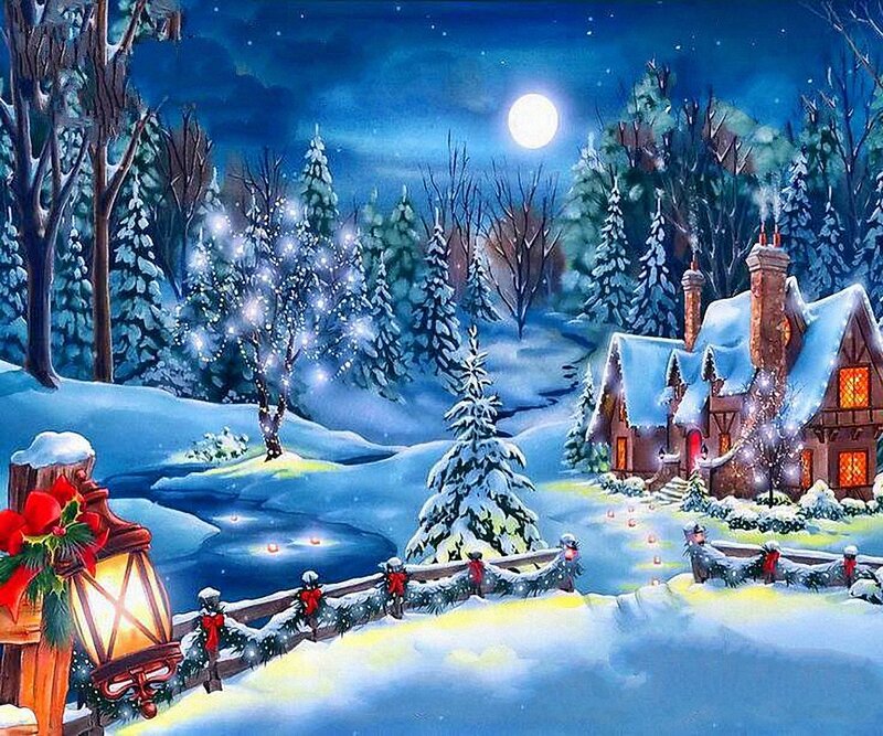 Snowy Cottage at Night — Blue, Serene