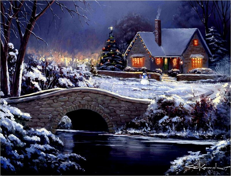Snowy Cottage at Night — Blue