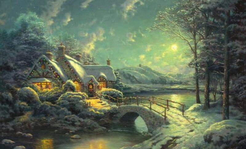Snowy Cottage at Night — Green