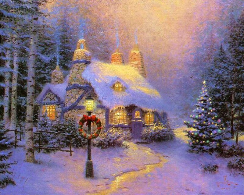 Snowy Cottage at Night — Purple