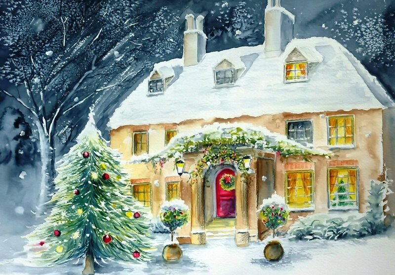 Snowy Cottage at Night — White, Cozy