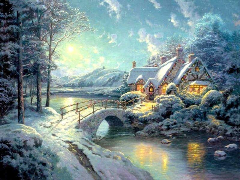 Snowy Cottage at Night — White, Serene