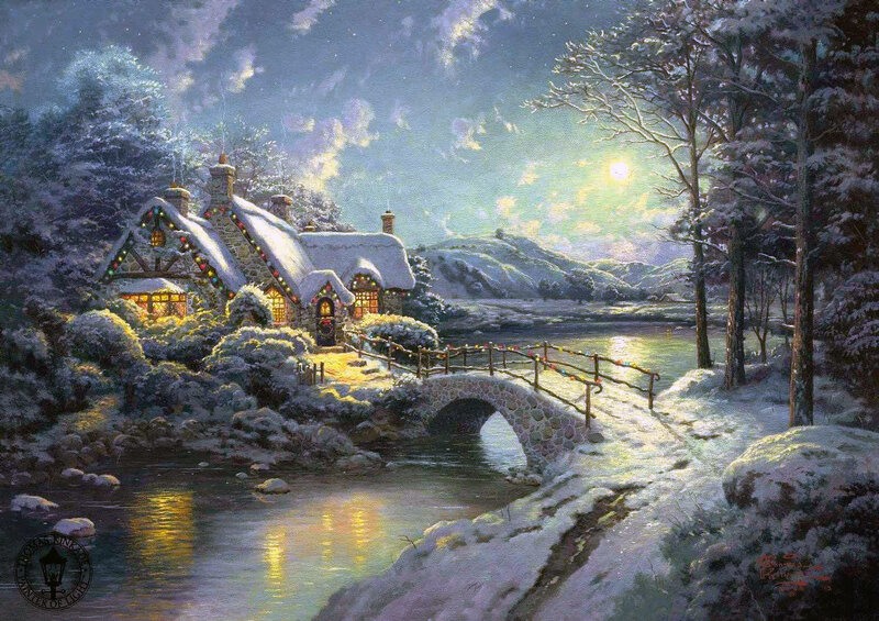 Snowy Cottage at Night — White