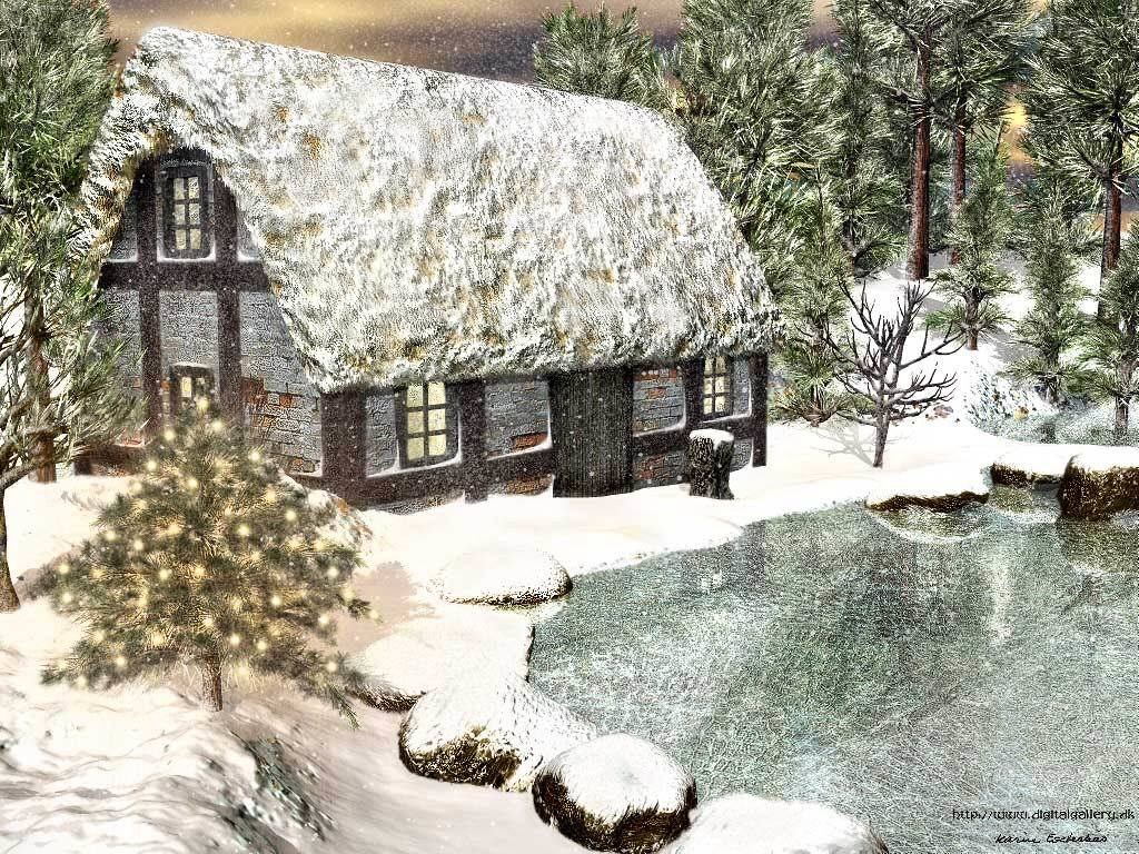 Snowy cottage by a pond