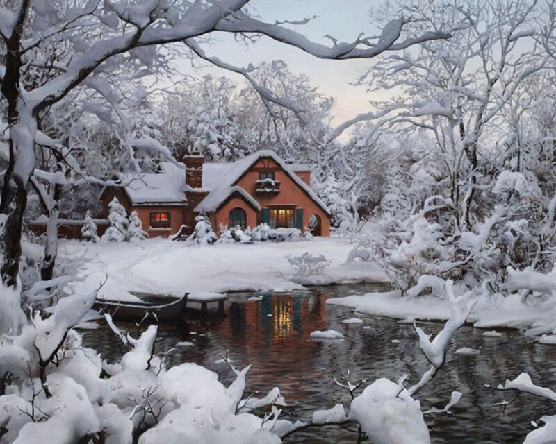 Snowy cottage by a river
