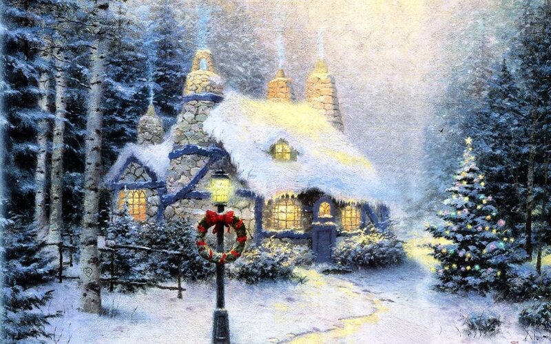 Snowy Cottage in Forest — White