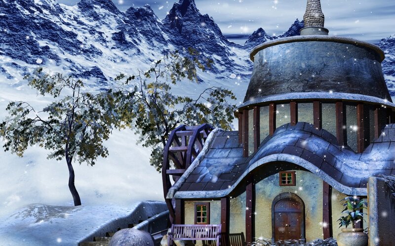 Snowy Cottage in Mountains