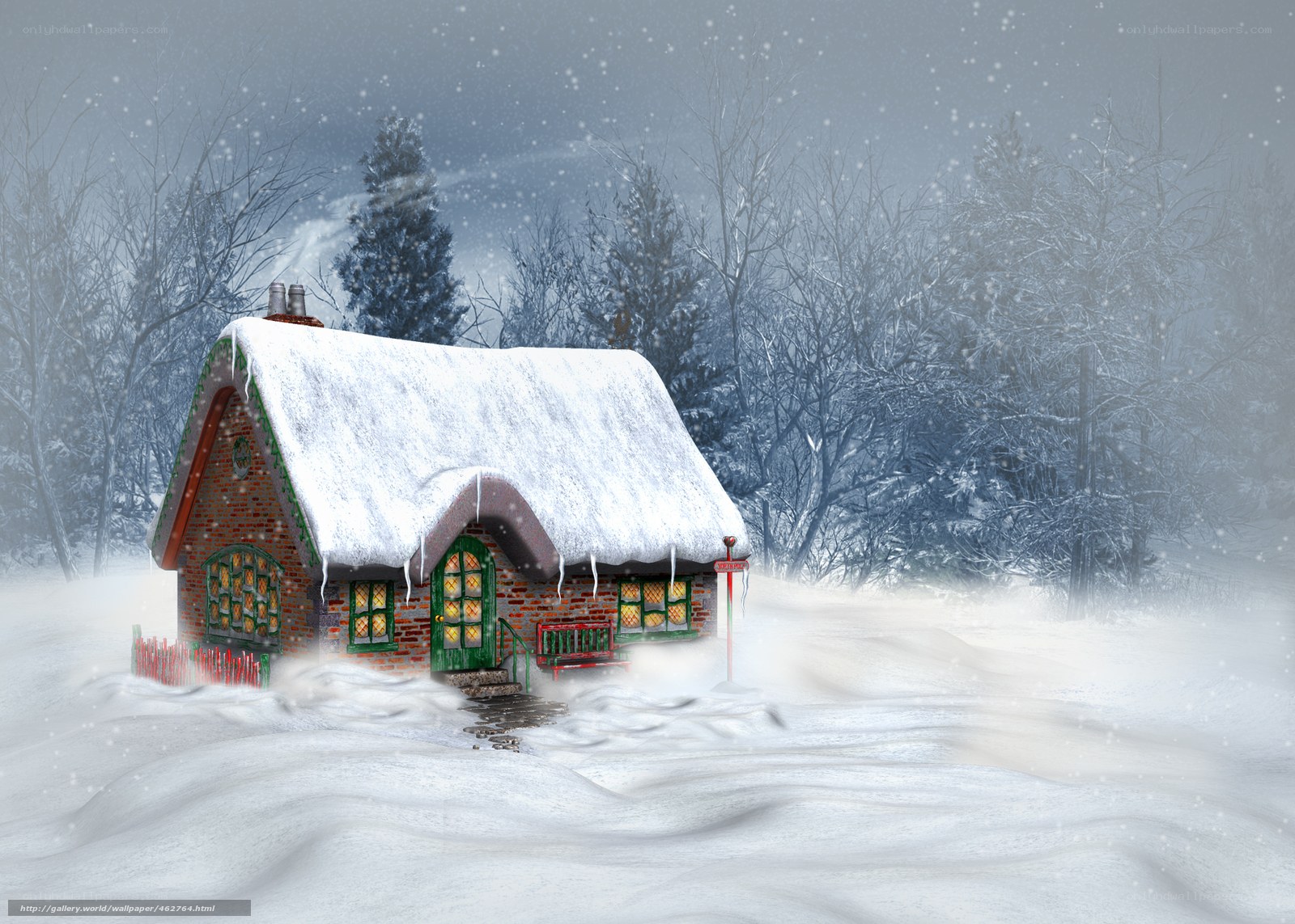 Snowy cottage in winter forest