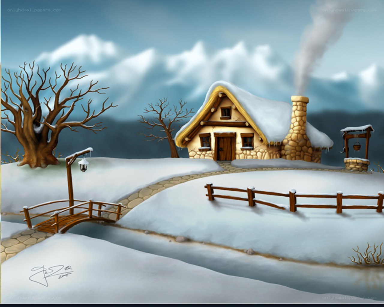 Snowy cottage in winter