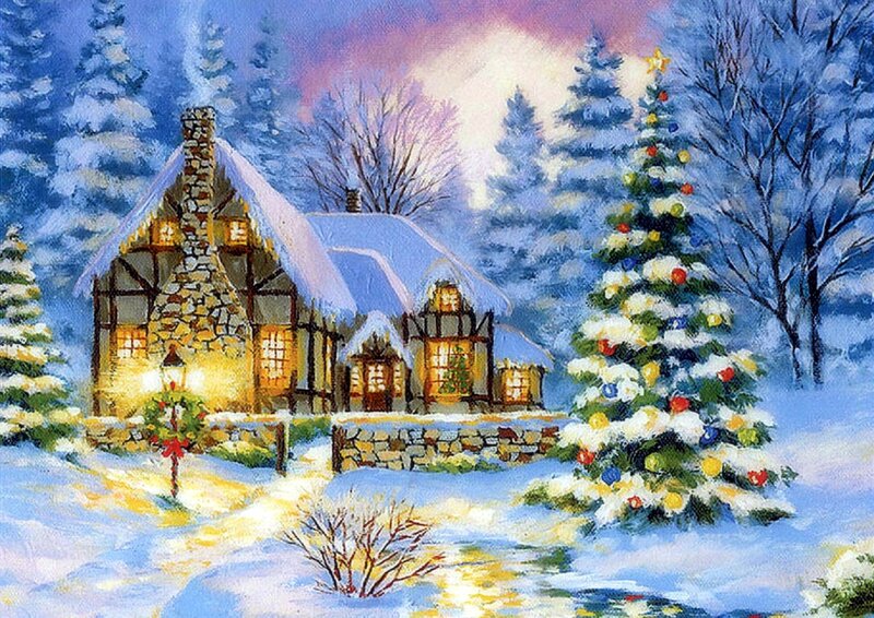Snowy Cottage with Christmas Tree
