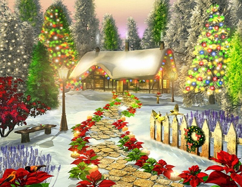 Snowy Cottage with Lights